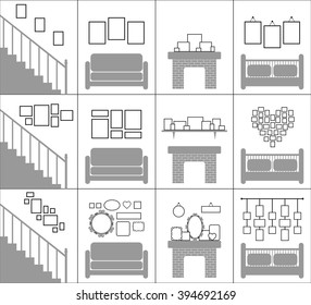 Interior Decoration Concept. Blank Picture Frames Template Set. Photo Gallery On Wall Of Stairs, Living Room, Hall.. Vector Art Image Illustration, Isolated On White Background, Sketch Graphic Design