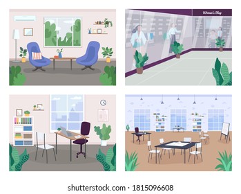 Interior decoration flat color vector illustration set. Therapy, consulting cabinet. Workplace design. Living-room, study, parlor. Work-bench. Shopping mall 2D cartoon interiors collection