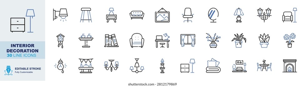Interior decoration icon set. Editable line icons floor lamp, wall sconce, stool, side table and sofa vector illustration