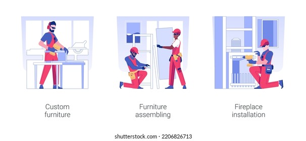 Interior decoration isolated concept vector illustration set. Custom furniture assembling, fireplace installation, professional carpenter services, interior design industry vector cartoon.