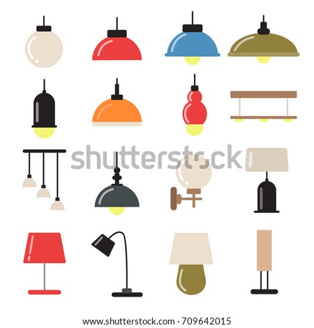 Interior decoration with modern lamps and chandeliers. Vector symbols of light lamp table and wall for home interior illustration Imagine de stoc © 