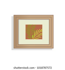 Interior decoration, picture with frame made of wooden material, image of leaves on branch, foliage vector illustration isolated on white background