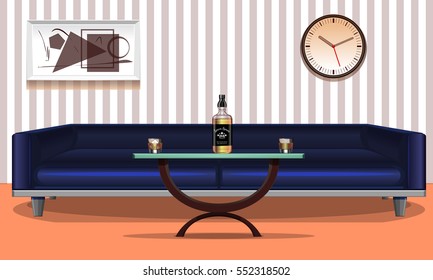 Interior. Decoration of the room. Abstract object. Blue sofa. Exclusive table. Glass with ice. Bottle with a liquid. Vector illustration.