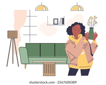 Interior decorator concept. Woman with vase with flowers near sofa. Table and lamp for apartment. Interior designer choose furniture for home or room. Linear vector illustration