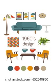 Interior Design 1960. Mid Century Modern Furniture. Vector Elements Set. Mood Board Of 1960s Vector Elements. Mid Century Home.