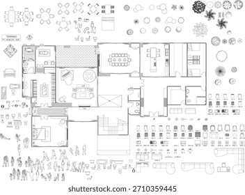 Design de interiores desenho 2D para o layout de móveis residenciais e componentes de detalhe técnico