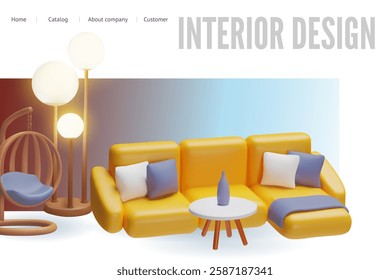 Interior design 3D vector landing page template. Sofa with pillows, hanging chair, floor lamp, round table with vase. Volume lounge furniture, elegance office or domestic style catalog