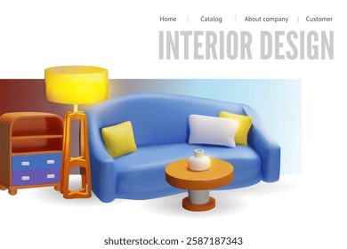 Interior design 3D vector landing page template. Sofa with pillows, chest of drawers, floor lamp, round table with vase. Volume lounge furniture, elegance office or domestic style