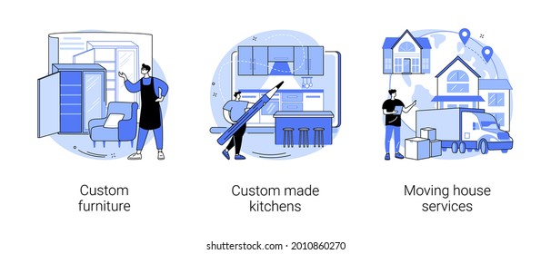 Interior design abstract concept vector illustration set. Custom furniture and bespoke kitchen furniture design, moving house services, artisan manufacturing, family home relocation abstract metaphor.