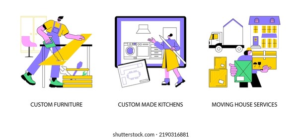 Interior Design Abstract Concept Vector Illustration Set. Custom Furniture And Bespoke Kitchen Furniture Design, Moving House Services, Artisan Manufacturing, Family Home Relocation Abstract Metaphor.