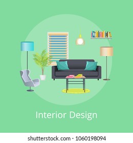 Interior design, abstract room interior poster, vector illustration, light room with cozy couch and armchair, coffee table, modern design apartments