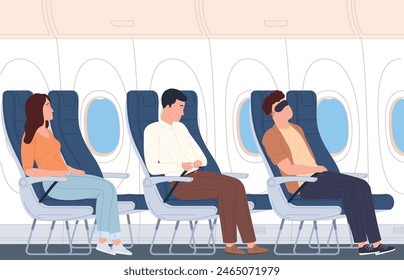 Interior design of an airplane cabin with passengers. Airplane cabin with passenger seats and portholes. Vector illustration