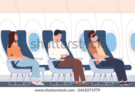 Interior design of an airplane cabin with passengers. Airplane cabin with passenger seats and portholes. Vector illustration