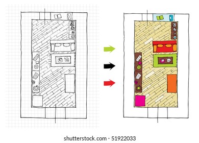 Interior design apartments - top view. Ragged lines, sketch handwork