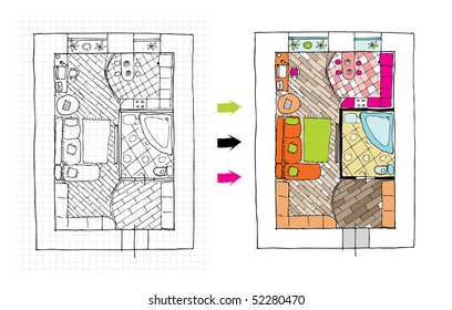 Interior design apartments - top view. Ragged lines, sketch handwork