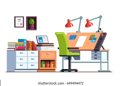 Interior design architect or designer studio with adjustable drawing desk, chair and desk drawers. Workshop or engineer office room decoration and furniture. Flat style vector illustration isolated.