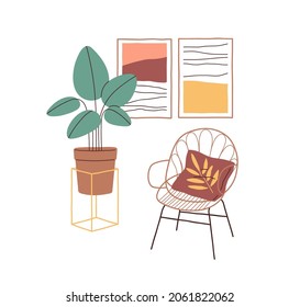 Interior design with armchair, potted plant and wall pictures. Cane chair with cushion, posters and houseplant. Home in minimalism style. Colored flat vector illustration isolated on white background svg