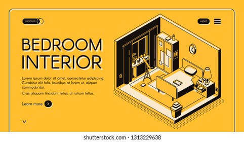 Interior design atelier, furniture online store isometric vector web banner or landing page. Bedroom cross section interior with wardrobe, single bed and telescope near window line art illustration