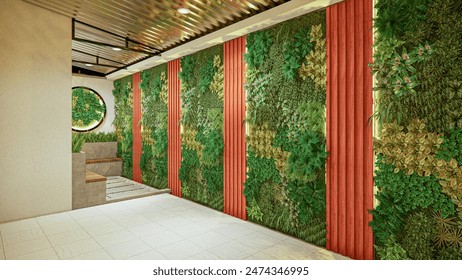 interior design of the back terrace with a vertical garden