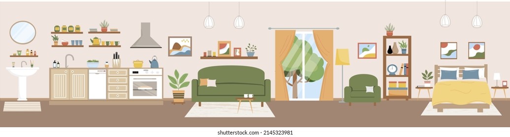 Interior design banner. Living room, kitchen, bedroom with furniture. Sofa, armchair, table, balcony, rack, home plants, table, decoration. Flat style. 