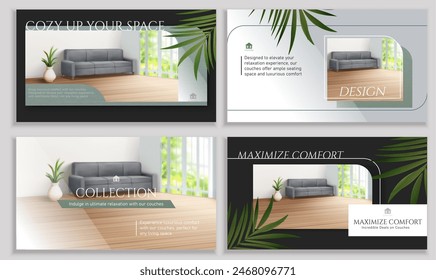 Anuncios de diseño interior con muebles y decoración de follaje aislados sobre fondo gris claro