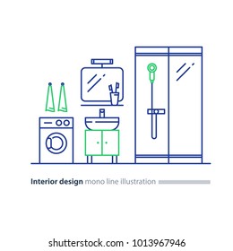 Interior design, bathroom concept, minimalist modern style, mirror with sink, washing machine and shower glass cabin, vector icons, mono line illustration