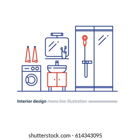 Diseño interior, concepto de cuarto de baño, estilo moderno minimalista, espejo con lavabo, lavadora y cabina de cristal de ducha, iconos vectoriales, ilustración monolineal