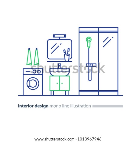 Interior design, bathroom concept, minimalist modern style, mirror with sink, washing machine and shower glass cabin, vector icons, mono line illustration