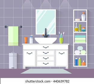 Interior design of a bathroom in a flat style. Vector illustration. Bathroom with sink, wardrobe accessories, towels, soap.