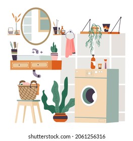 Interior design of bathroom at home, basin or sink with rounded mirror, washing machine and basket with dirty clothes. Furniture and decoration for house coziness and warmth. Vector in flat style