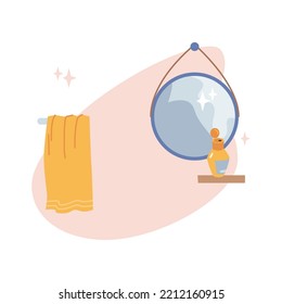 Interior design of bathroom, isolated hair care products or cosmetics on shelf below mirror. Towel on hanger for drying, hygiene and wellness. Vector in flat style