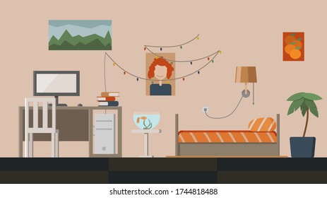 Interior design of bedroom. Computer table, bed, plant, aquarium, lamp, posters. Flat style vector illustration.