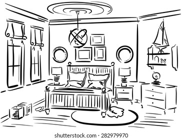 Interior design of the bedroom with double bed, luster and rug. Hand drawn vector sketch.