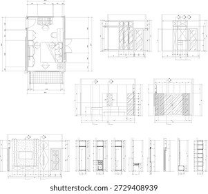 Design de interiores de quarto com planta de assoalho e desenhos de elevação