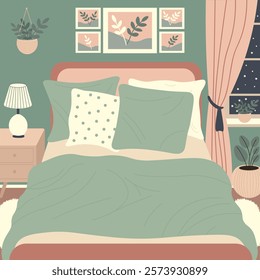 Interior design bedroom with furniture and window. Flat vector illustration.