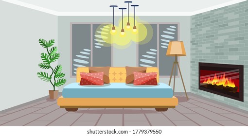 Interior design of a bedroom with a large bed, fireplace, paintings and plants. Vector illustration