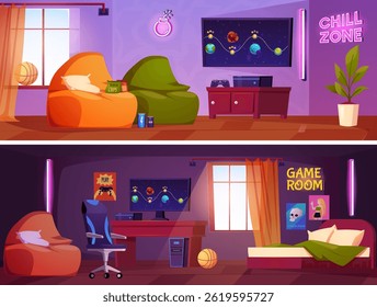 Interior design of bedroom of a teenage gamer with a computer. Chill zone with play video games on the console, big screen and armchairs, drinks and snacks. Vector flat illustrations set
