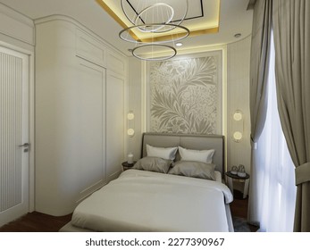 interior design of the bedroom with wallpaper on the backdrop of the head bed