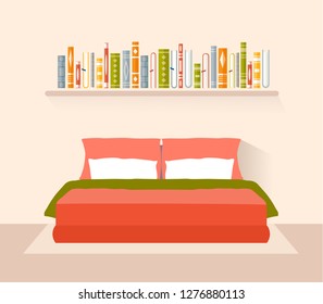 Interior design bedrooms. A room with a bed, a shelf and books in a flute style. Bedroom inside. Vector illustration.