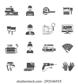 Interior design black icons set with housing and decor elements isolated vector illustration
