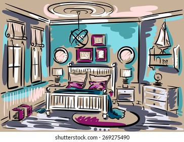 Interior design of the blue bedroom in marine style with double bed, luster and rug. Hand drawn vector sketch.