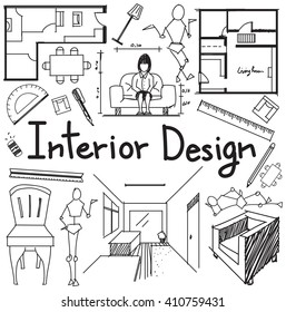 Interior design and building blueprint profession and education handwriting doodle tool sign and symbol in white isolated background paper for subject or presentation title, create by vector
