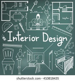 Interior design and building blueprint profession and education handwriting doodle tool sign and symbol in background background for subject or presentation title, create by vector
