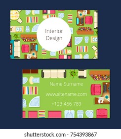 Interior design business card with name and surname, website and phone number, icons of sofa, armchair, computer and plant vector illustration