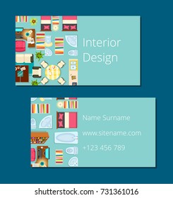 Interior design business card styling with icons of apartment furniture on light blue background. Vector illustration of card with room for contact information