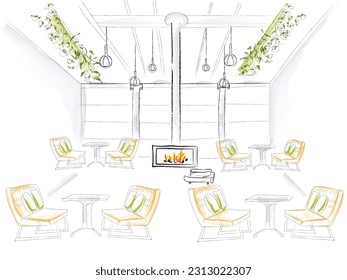 Interior design of a cafe vector watercolor. Beautiful green interior
