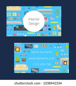Interior design, calling card of blue color with headline and information, sofa and fireplace, tv set and carpets with pictures, vector illustration
