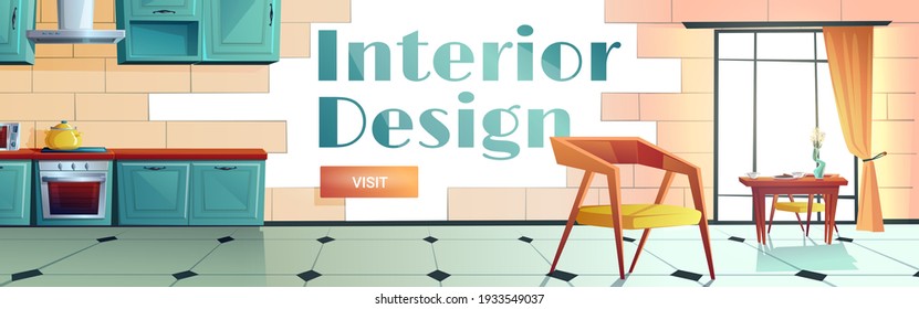 Interior design cartoon web banner. Home or cafe kitchen with appliances for cooking and modern furniture, served table near large window, oven, range hood, designing service, vector illustration