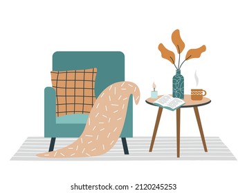Interior design with chair and coffee table. Vase and book on the coffee table. Cozy armchair with plaid and cushion. Interior elements on white background. Flat vector illustration.