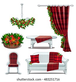 Interior design in Christmas style. Furniture isolated on white background. Vector illustration.